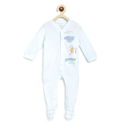 Boys Light Blue Printed Front Opening Babysuit